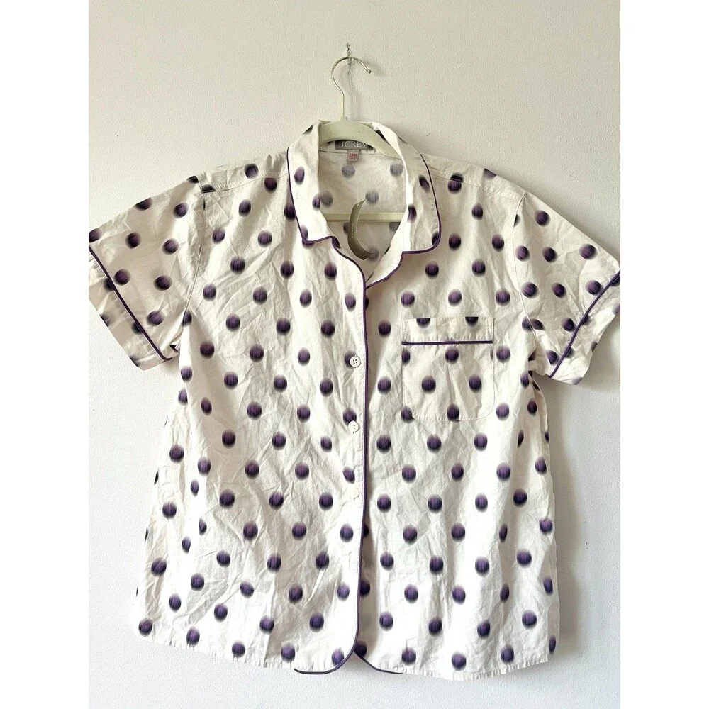 J.Crew Cotton Pajama Top Purple Polka Dot Piped Sleep Shirt Women’s M NWT